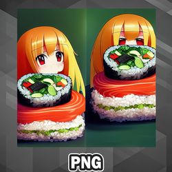 Asian PNG Kawaii Anime Sushi Cute Little Girl Food Asian Country Culture PNG For Sublimation Print Best For Decor