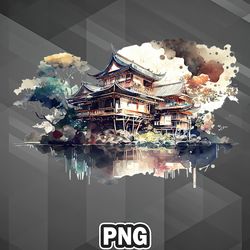 Artist PNG Japanese Architecture In Watercolor PNG For Sublimation Print Printable For Decor