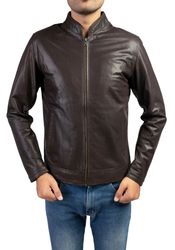 Men's Brown Cow Leather Jacket with Distinctive Collar Style