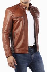Upgrade Your Style with Men's Casual Signature Diamond Lambskin Leather Jacket in Tan