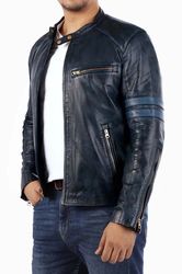 Blue Cafe Racer Genuine Lambskin Leather Jacket – Stylish Men's Outerwear for Timeless Elegance
