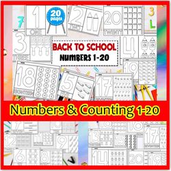 Back to School Numbers & Counting 1-20 Preschool, Kindergarten, Math, Addition