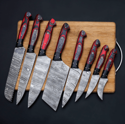 Handmade Damascus Chef set of 8pcs With Leather Cover,Personalised Gift,Kitchen knives set,Anniversary Gift,Birthday Gif
