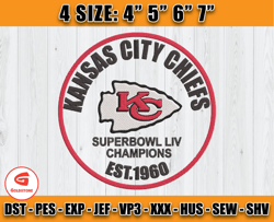 Superbowl LIV Champions, Kansas City Chiefs Est 1960, Superbowl Embroidery, kansas City Chiefs Embroidery, Nfl Embroider