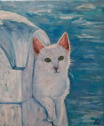 White Santorini Cat Oil Painting Original Artwork 9 by 12 Cat in Greece Original Handmade Painting