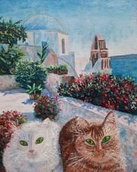 Two Cats in Santorini, Greece Oil Painting Original Artwork 9 by 12 Original Handmade Painting