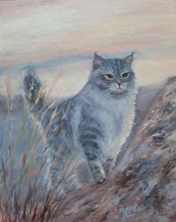 Furry Grey Cat in the Sunrise Oil Painting Original Artwork 9 by 12 Original Handmade Painting