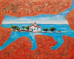 Small Greek Island in the Sea in a Cat Shape Original Mixed Media Artwork 9 by 12 Original Handmade Artwork
