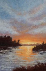 Golden Sunset Over a River Oil Painting Original Artwork 8 by 12 inches Original Handmade Painting
