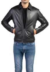 Men's Harrington Collar Shirt Premium Leather Jacket In Jet Black Color