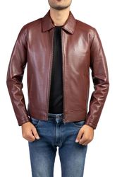 Men's Harrington Collar Shirt Premium Leather Jacket In Walnut Brown Color