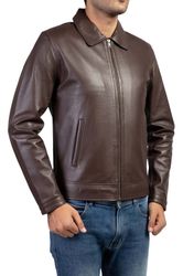 Men's Harrington Collar Shirt Premium Leather Jacket In Brown