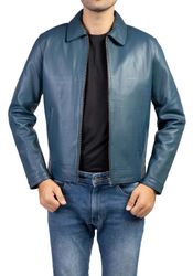 Men's Harrington Collar Shirt Premium Leather Jacket In Teal Blue Color