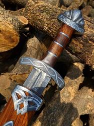 Custom Handmade Damascus Steel Viking Sword, Battle Sword, Wood Scabberd