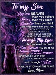 Son Blanket, Gift Ideas For Son, To My Son You Are Braver Than Believe Mom Purple Wolves Fleece Blanket