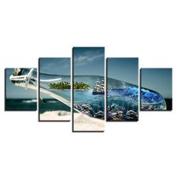 ship in a bottle abstract 5 pieces canvas wall art, large framed 5 panel canvas wall art