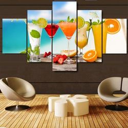 tropical drinks bar cocktails liquor abstract 5 pieces canvas wall art, large framed 5 panel canvas wall art