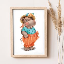 Hippo nursery art, Hippopotamus art, Hippo art for toddlers, Hippo wall art. Digital file that you will download