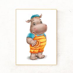 Hippo Nursery Wall Art, Baby Hippo Print, Cute Hippopotamus, Boy Hippo Art Decor - digital file that you will download