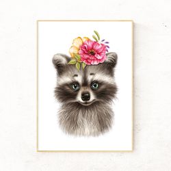 Raccoon Nursery Decor, Forest Animal Nursery Wall Art, Woodland Nursery Animals - digital file that you will download