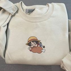 Luffy Embroidered Crewneck, One Piece Embroidered Sweatshirt, Inspired Embroidered Manga Anime Hoodie 5