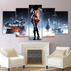 Battlefield Female Warrior Gaming 5 Pieces Canvas Wall Art, Large Framed 5 Panel Canvas Wall Art