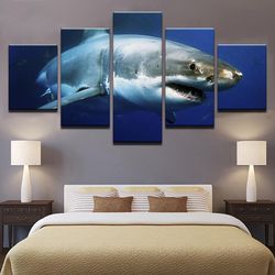 Blue Ocean White Shark Animal Animal 5 Pieces Canvas Wall Art, Large Framed 5 Panel Canvas Wall Art