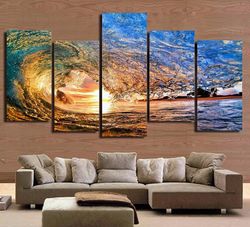 Ocean Sea Wave Sunset Seascape 1 Nature 5 Pieces Canvas Wall Art, Large Framed 5 Panel Canvas Wall Art