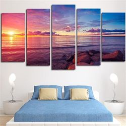 Rocky Beach Sunset Ocean 5 Pieces Canvas Wall Art, Large Framed 5 Panel Canvas Wall Art