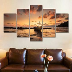 ship boat sunset seascape ocean ocean 5 pieces canvas wall art, large framed 5 panel canvas wall art