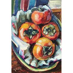 Persimmon Painting Fruit Original Art Still Life Painting Oil Artwork 8 by 12 by SviksArtPainting