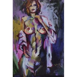 Woman Painting Boobs Original Art Nude Painting Oil Artwork Sensual Naked Girl Wall Art by SviksArtPainting