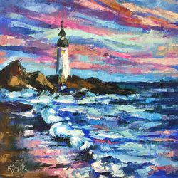 Lighthouse Painting Sunset Beach Original Art Seascape Oil Painting Lighthouse Artwork 12 by 12 by SviksArtPainting