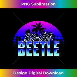 blue beetle bold text retro logo over neon city landscape - contemporary png sublimation design - striking & memorable impressions