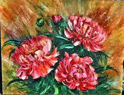 Red peonies. Original painting with large strokes with a palette knife. Wall decoration