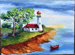 Lighthouse in the sea, summer landscape. Oil painting using a palette knife., sea in the interior.