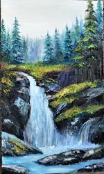Mountain waterfall, oil painting. Mountain landscape in the interior of the room. Mountains in painting