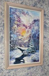 winter forest landscape oil painting. bright winter in painting. landscape painting for the interior.