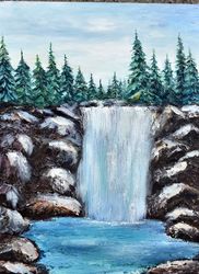 Mountain landscape, waterfall Oil painting. Landscape painting for wall decoration.