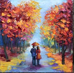 Autumn family walk in the park, oil painting on panel. Housewarming gift. Anniversary gift.