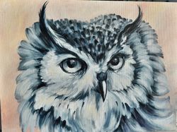 Owl, monochrome painting. Interior painting. Owl bird painting