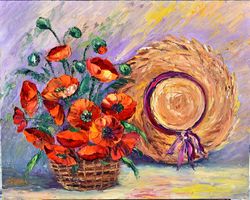 Bouquet of poppies and hat. Oil painting. Painting flowers. Original painting with large palette knife strokes.