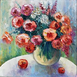 Flowers painting. Bouquet still life in the garden. Oil painting. Floral decor.