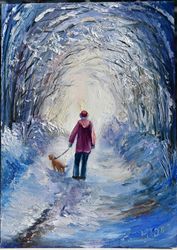 Winter walk landscape painting. Interior painting for interior decoration. Art for wall decor. Winter collection.