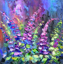 Blue lupins flowers, painting floral art. Ipasto painting