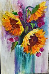 Sunny sunflowers in a vase, still life. Miniature painting. Flower painting