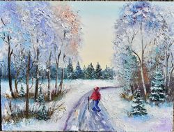 Winter skiing. Oil painting with a palette knife. Landscape painting.