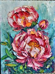 Peonies oil painting. Miniature for the collection.