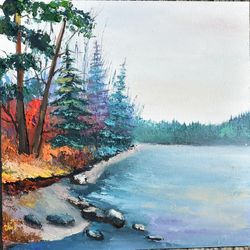 Mountain lake, oil painting. Landscape painting, interior painting.