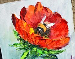 Poppy flower and honey bee. red flowers painting. art of field poppies Oil painting